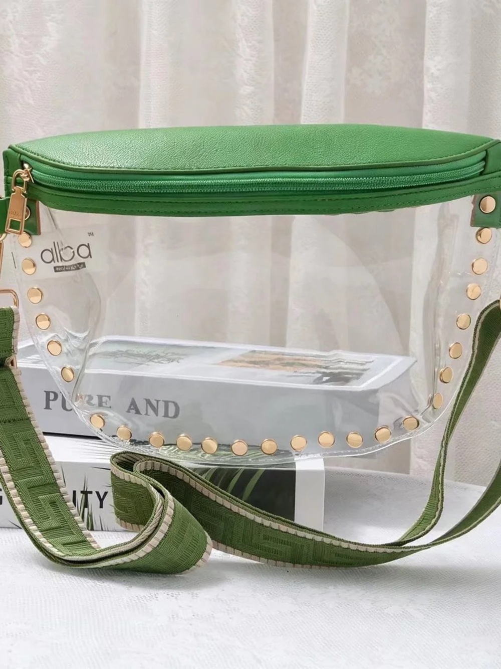 alba Green Clear Crossbody Bag with Stud Trim